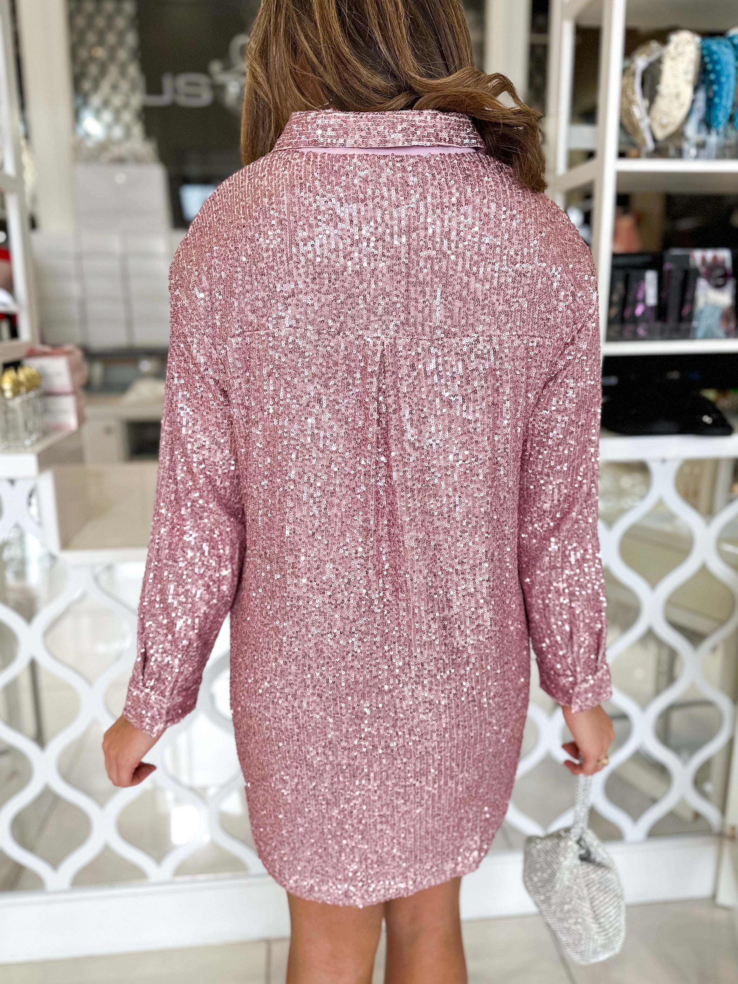 Sequin Shirt Dress - Pink