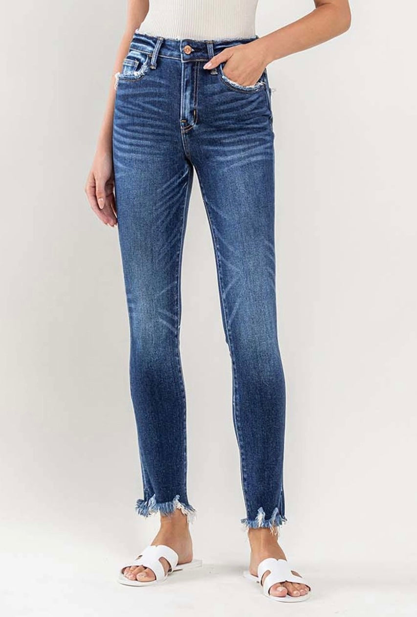 High Rise Destroyed Hem Skinny Jeans