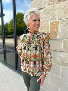 Taupe Abstract Ruffle Top