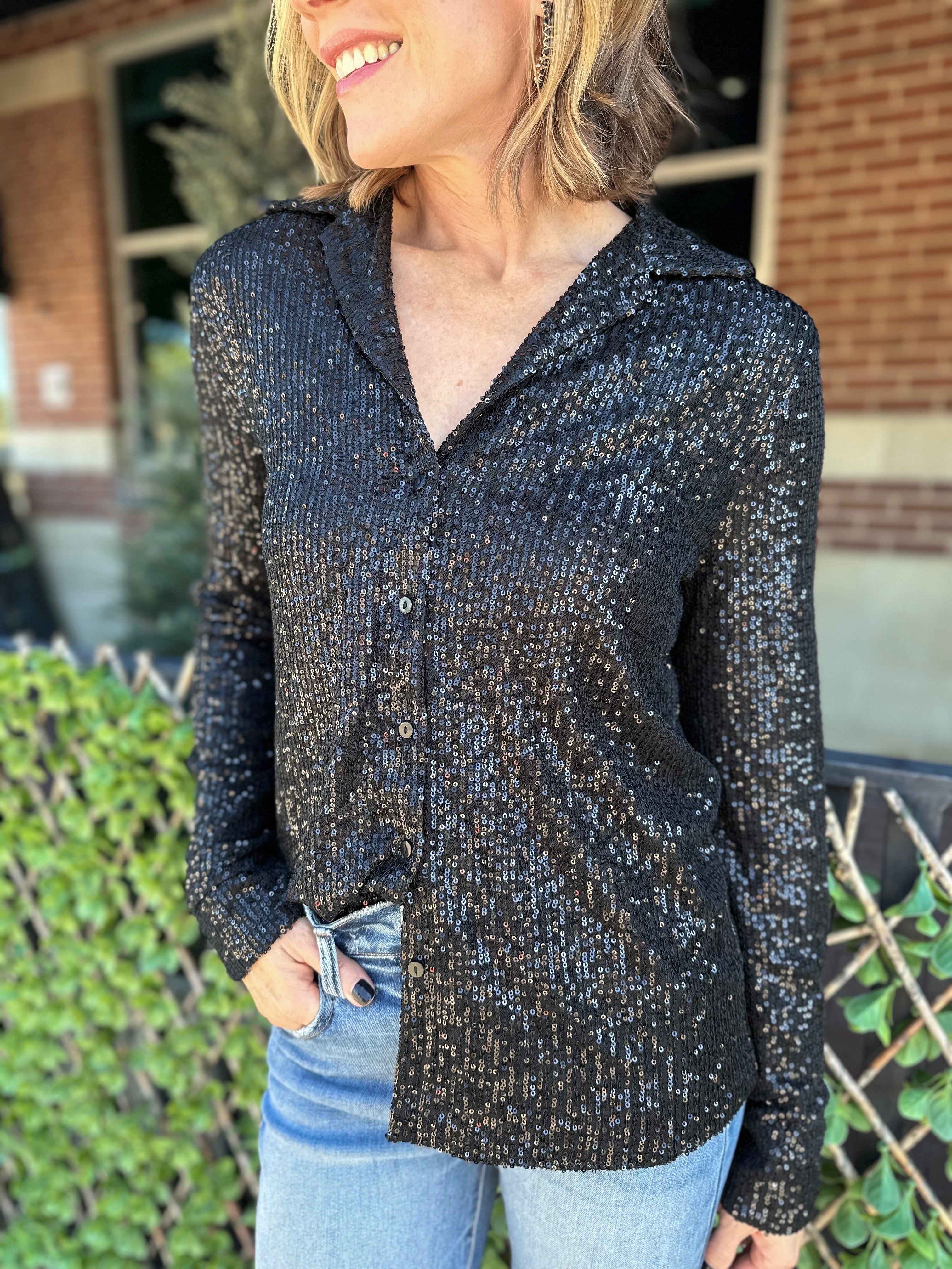 Sequin Button Down - Black