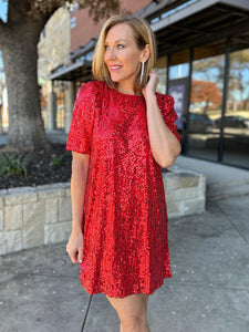 Sequin Shift Dress - Red