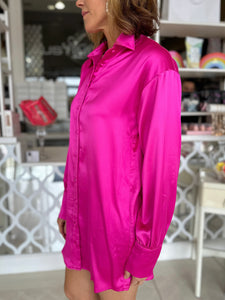 Satin Shirt Dress - Pink