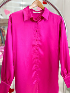 Satin Shirt Dress - Pink