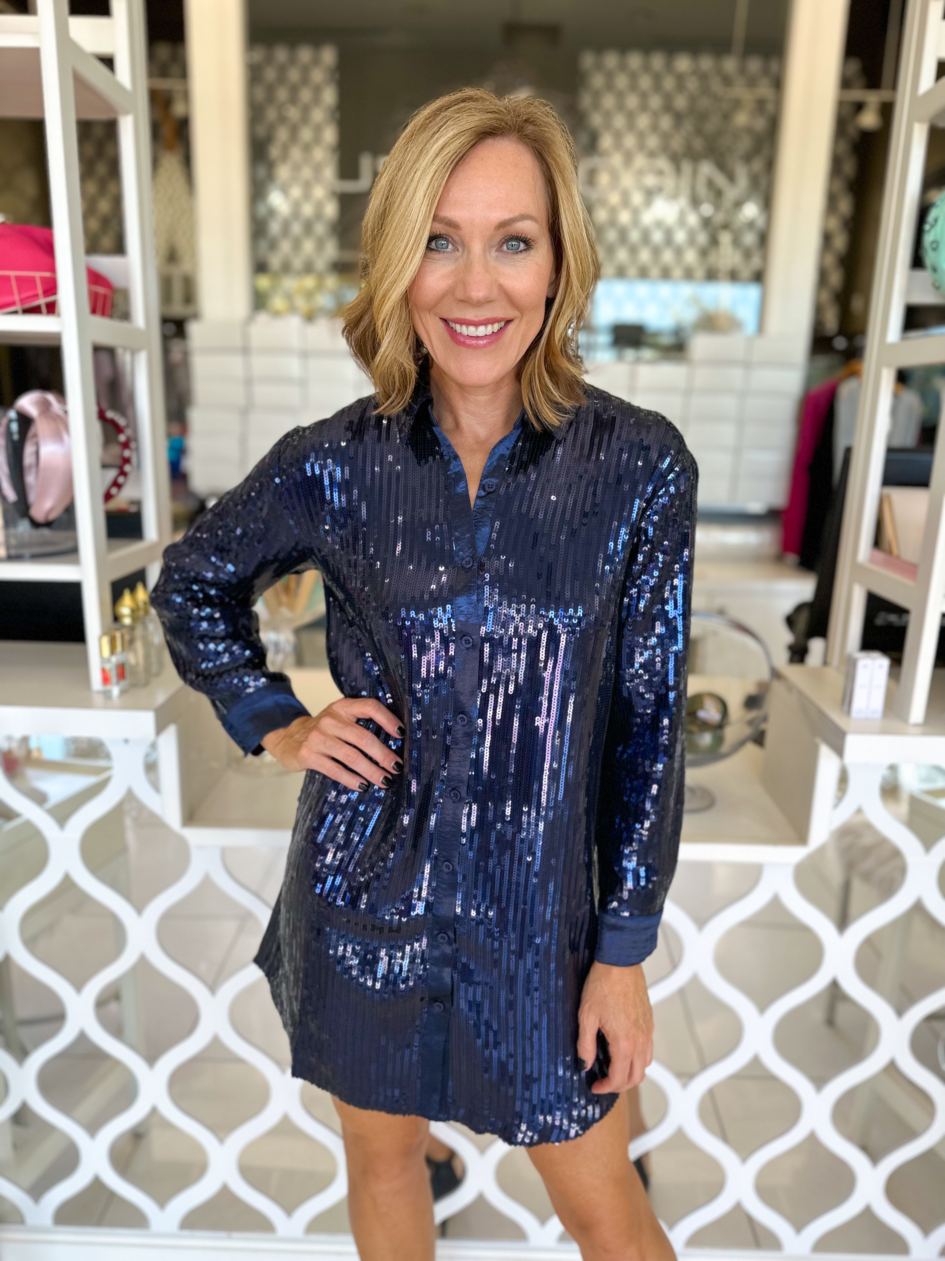 Navy Sequin Shift Dress