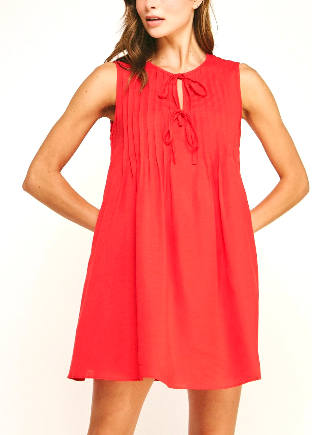 Red pintuck tie dress