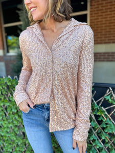 Sequin Button Down - Rose Gold