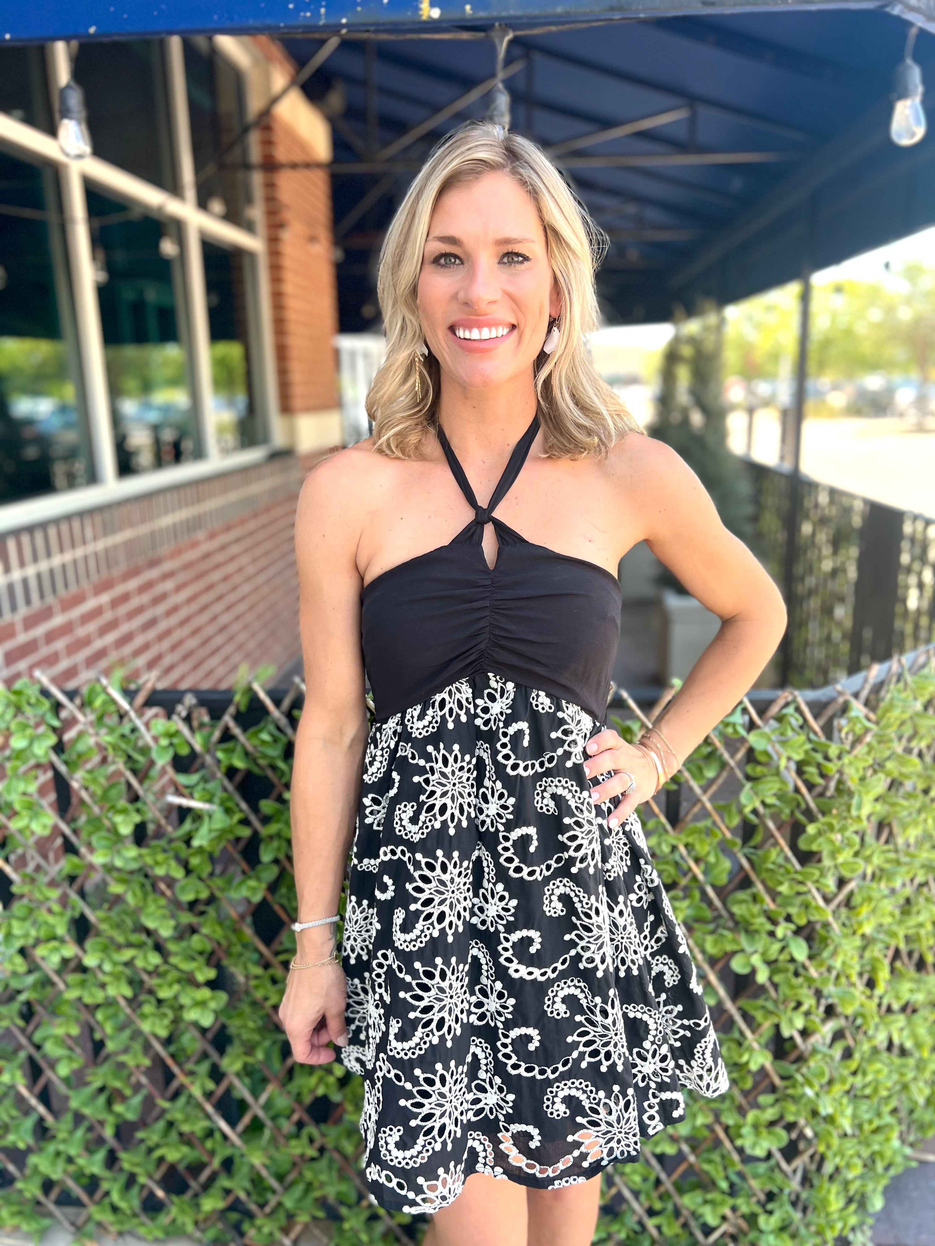 Black and white embroidered dress discount