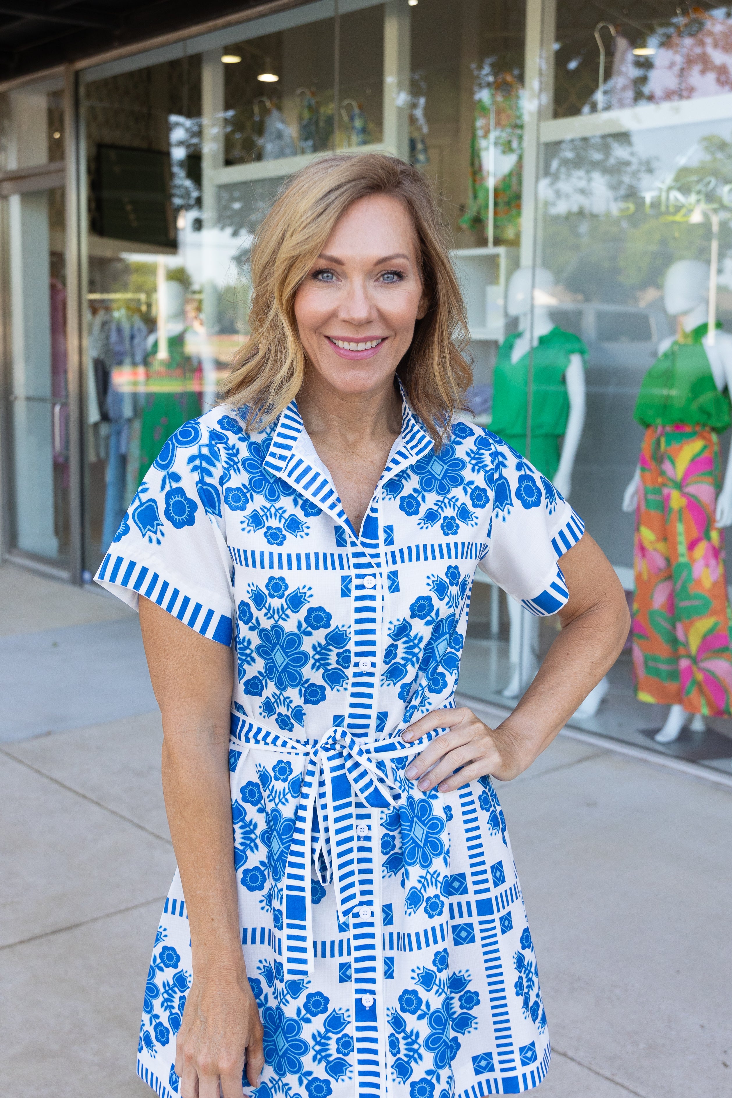 Printed Shirt Dress with Tie