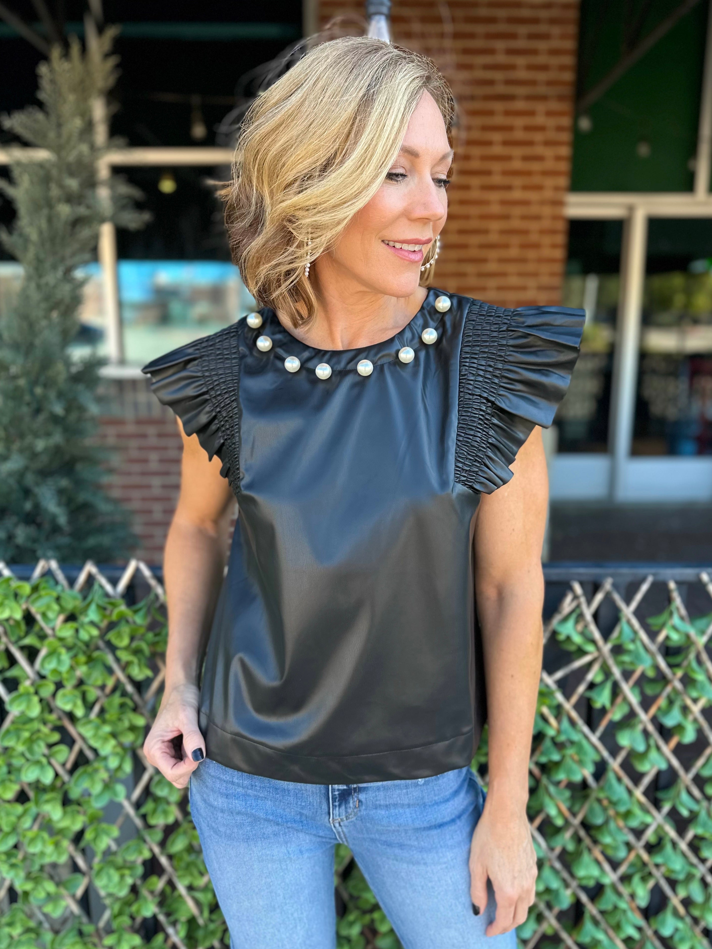 Leather Pearl Neck Top