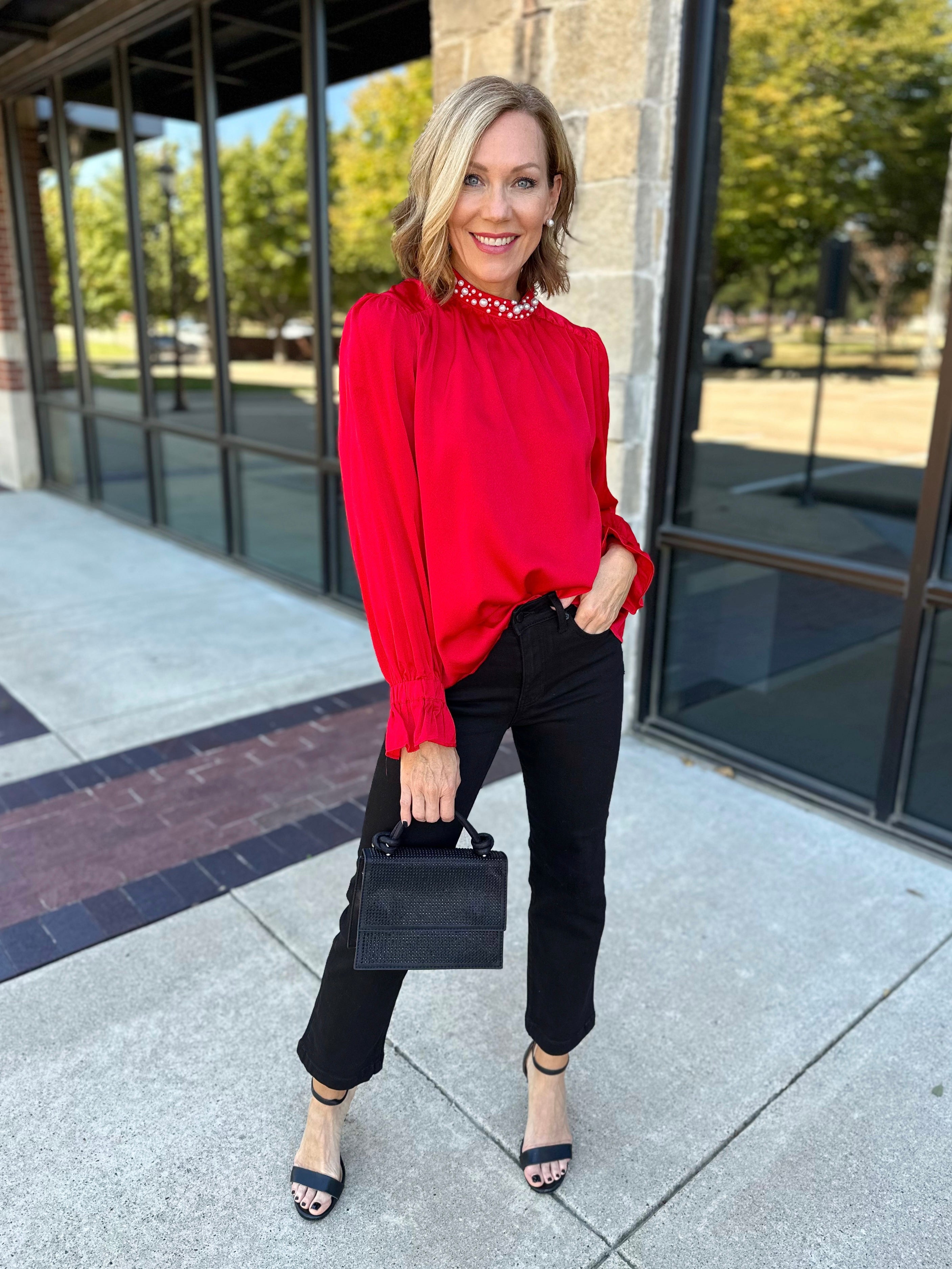 Pearl Neck Red Blouse