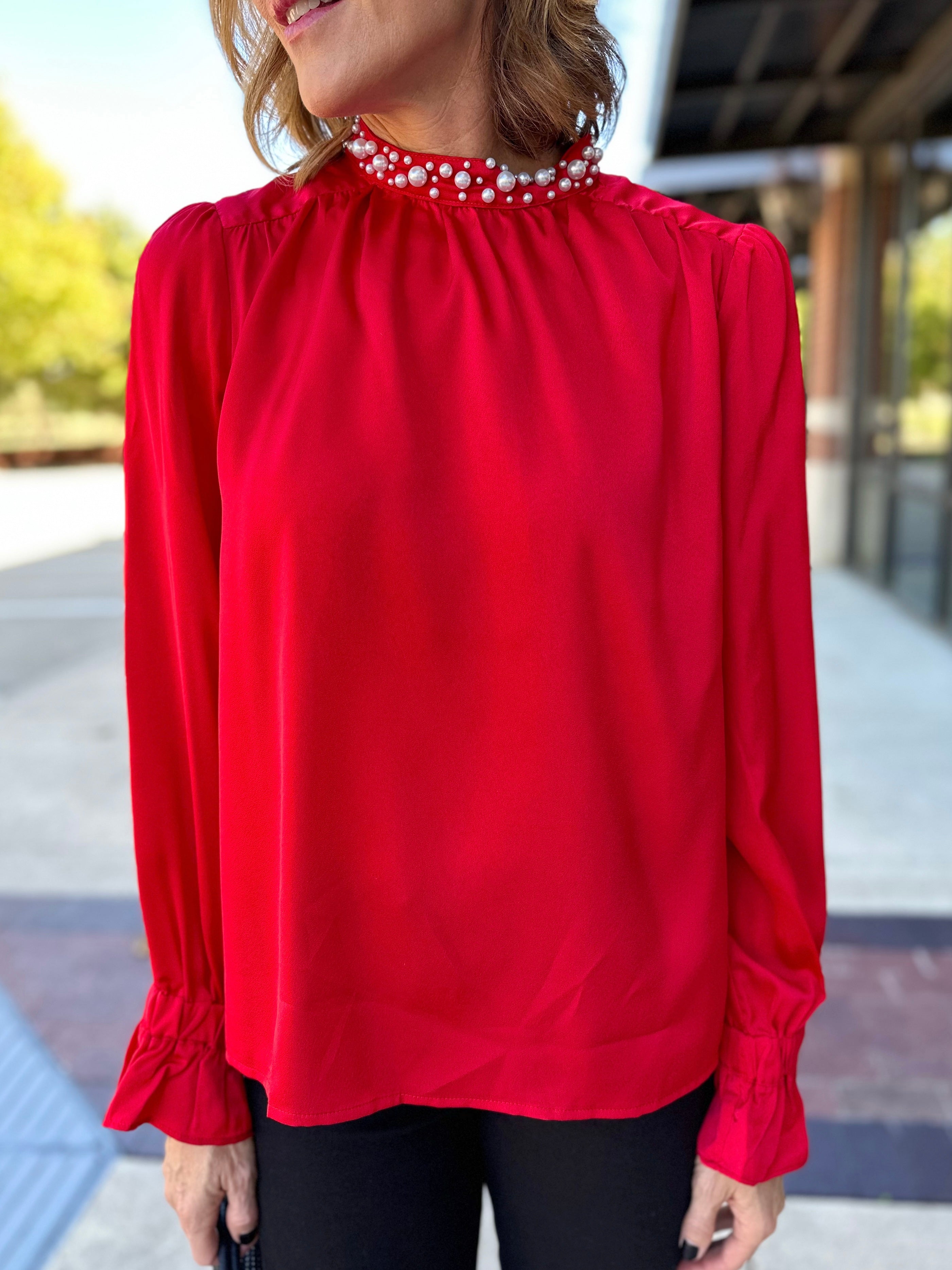 Pearl Neck Red Blouse