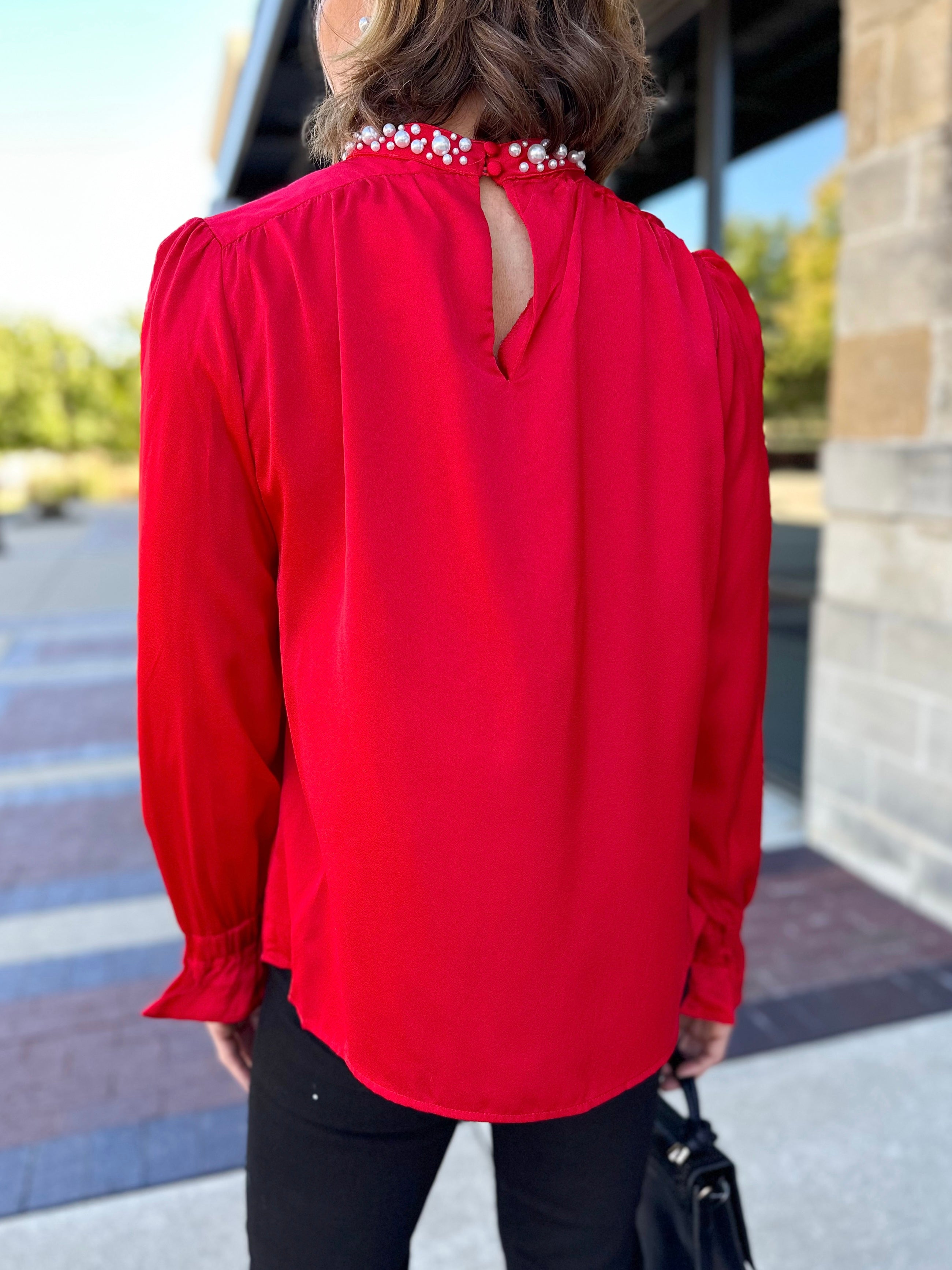 Pearl Neck Red Blouse