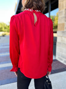 Pearl Neck Red Blouse