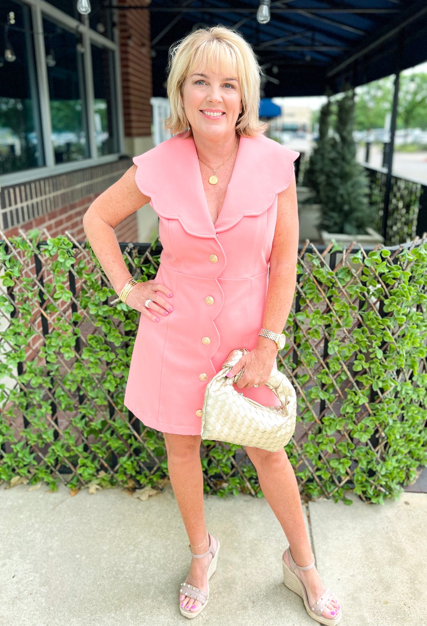 Coral Gold Button Dress