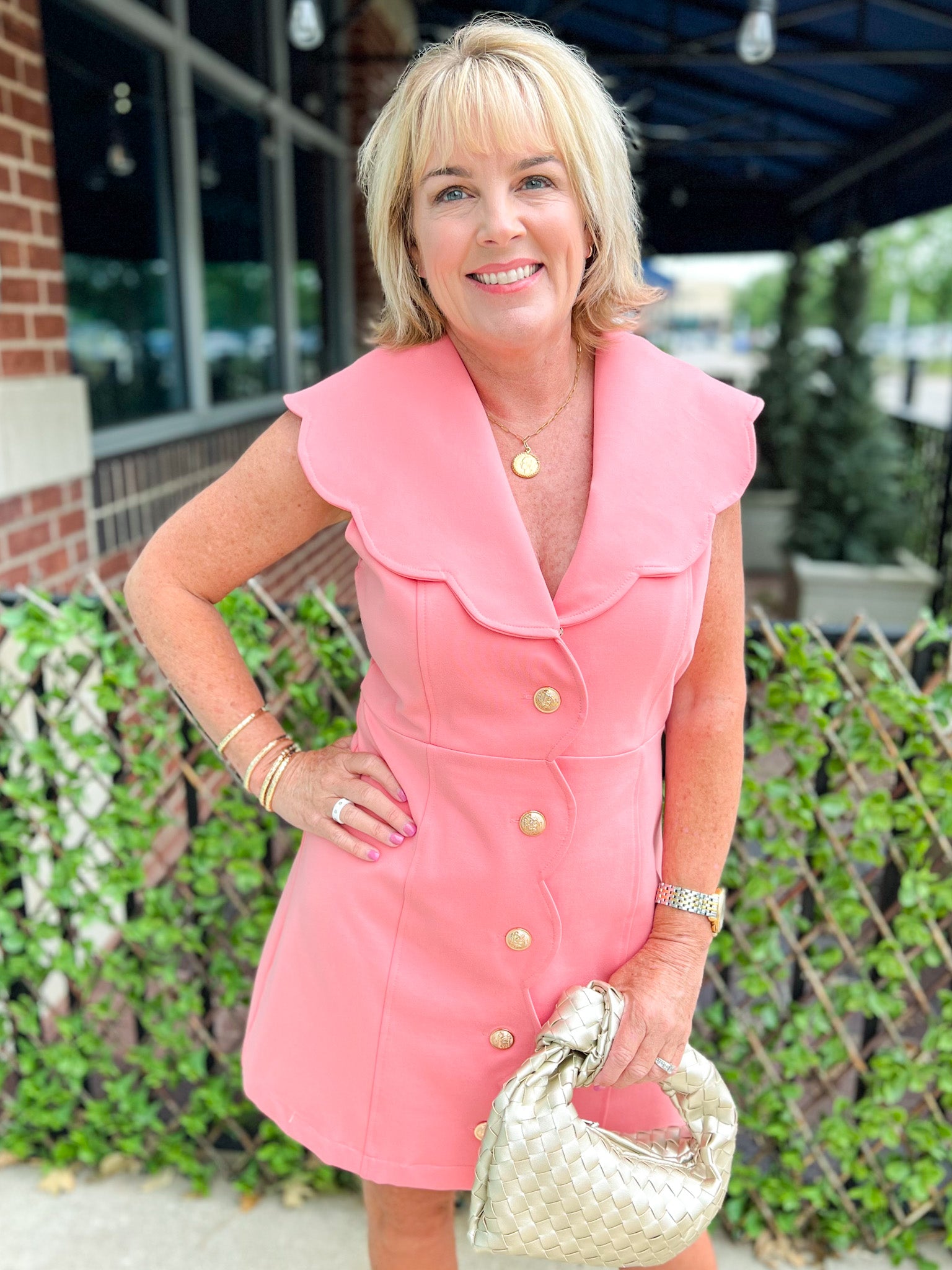 Coral Gold Button Dress