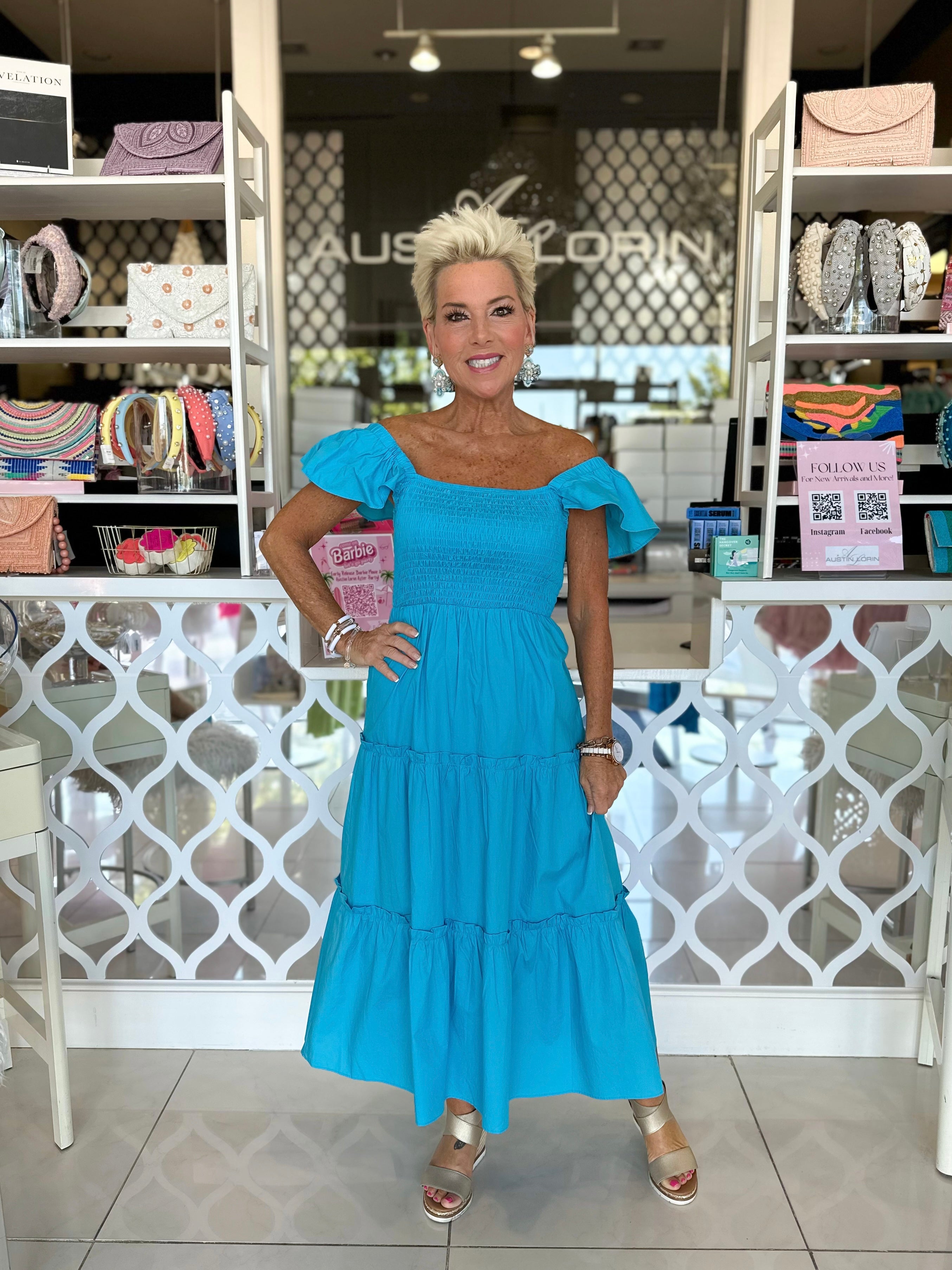 Cyan Smocked Midi Dress